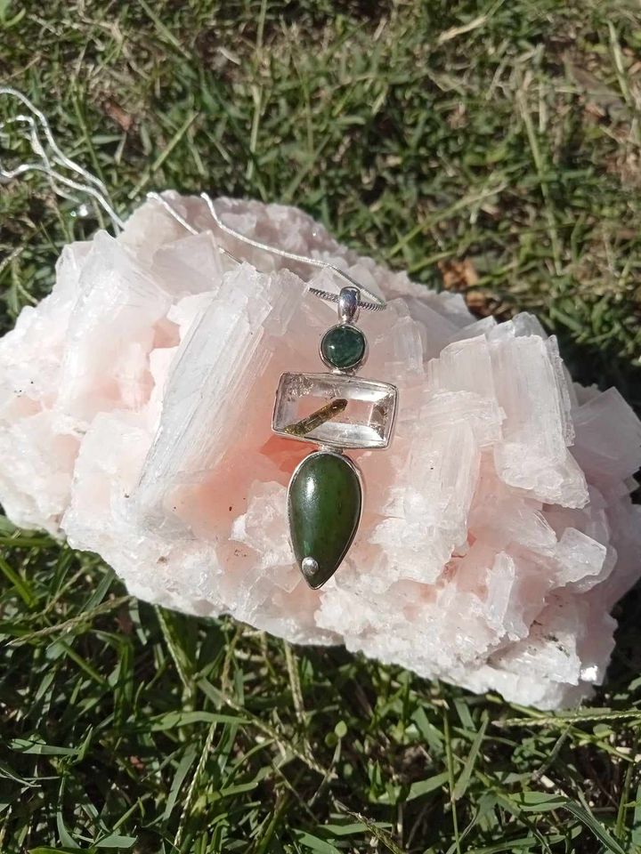 Green Tourmaline, Jade & Quartz with Epidote Pendant